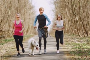 Three adults jogging with a dog on a forest path on a bright spring day, promoting healthy living.